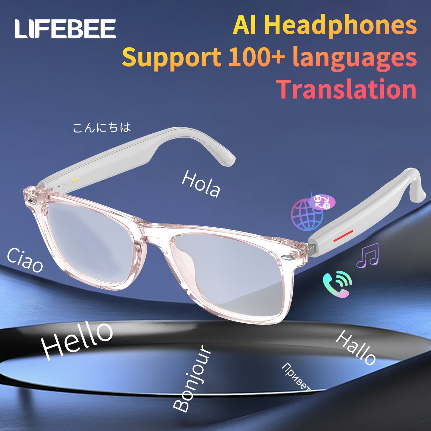LIFEBEE™️ 2025 New Translator Smart wireless Glasses, multifunctional 100+ languages Translation Smart Wireless Anti-blue Glasses with Wireless Call, Music Playback, 100+ Languages Face-to-Face & Simultaneous Video Voice