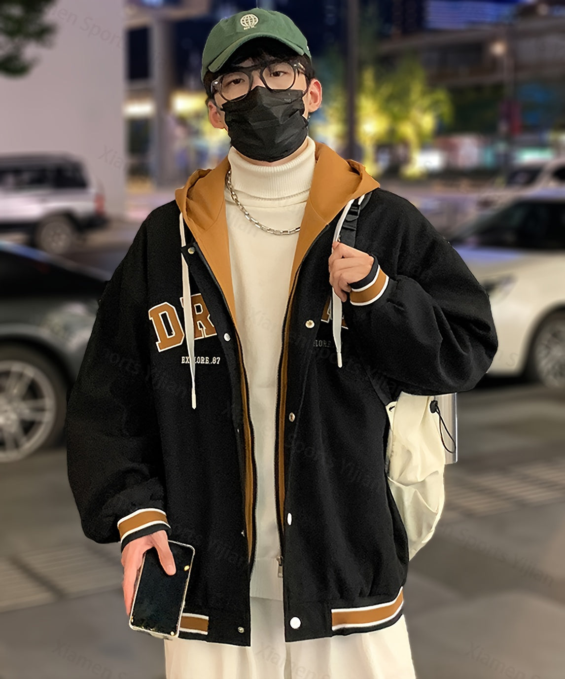 JUST JACKET™ Men's Casual Letter Print Hooded Varsity Jacket, Chic Vintage Style Thin Bomber Jacket for Spring Fall