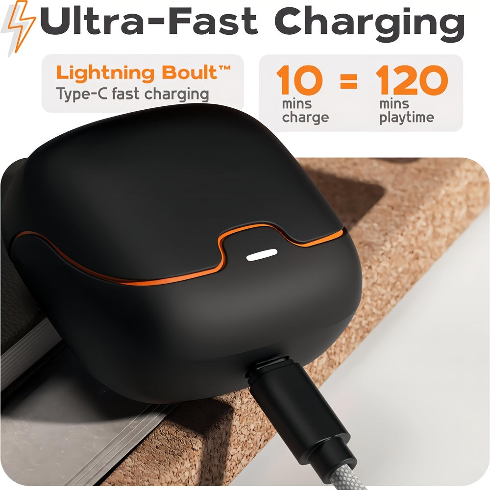 BOOM BOX™️AI Translation Smart Earbuds with 140+ Language Support, ENC Noise-Canceling, Wireless TWS Headphones, Long Battery Life, Music & Call Playback - Black & Orange, Type-C Charging Case Included