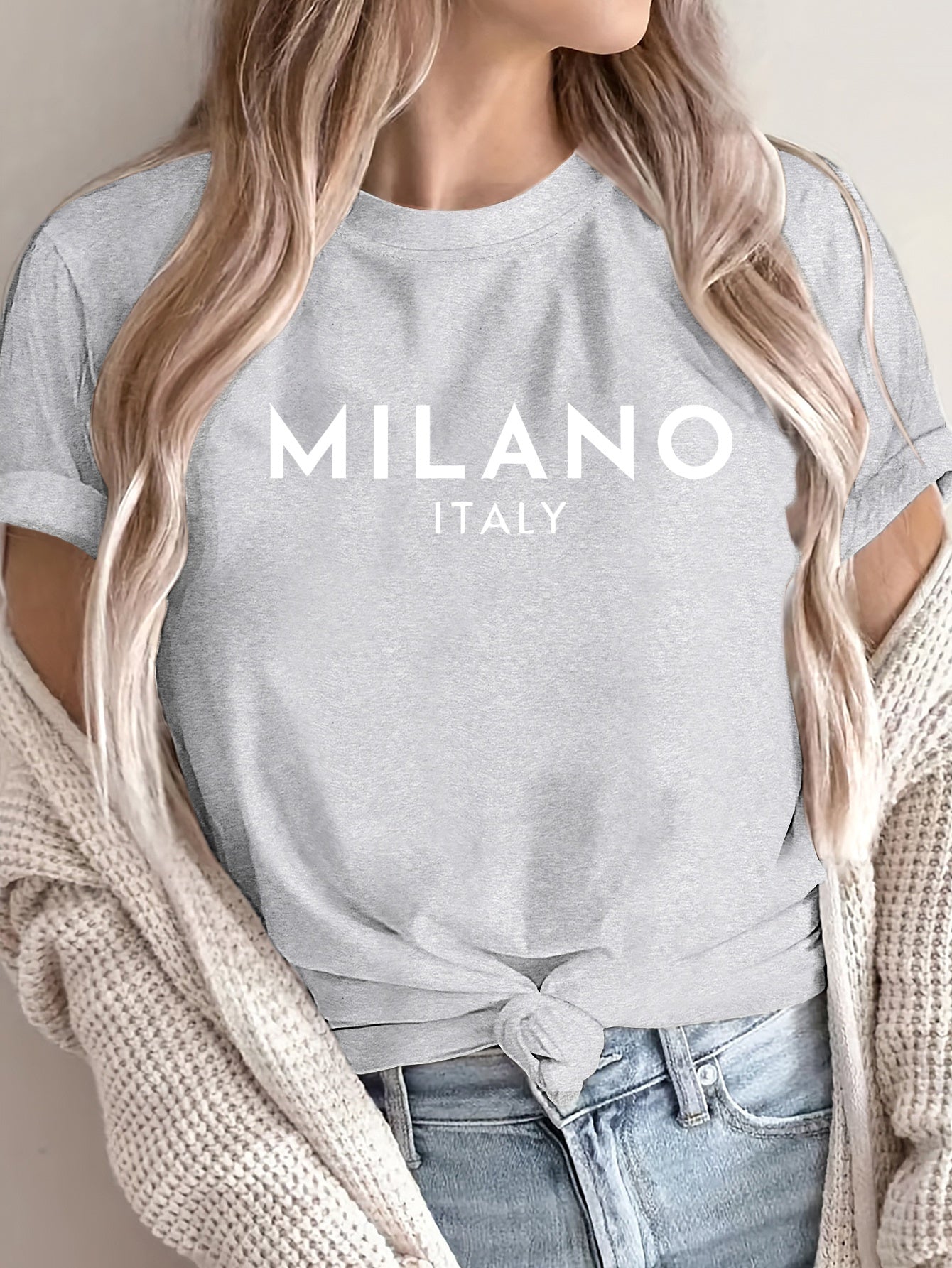 MILANO ™️ Women's Casual Polyester T-Shirt with "Milano Italy" Letter Print, Short Sleeve Crew Neck Top, All-Season Knit Fabric Tee, Regular Length - 180gsm