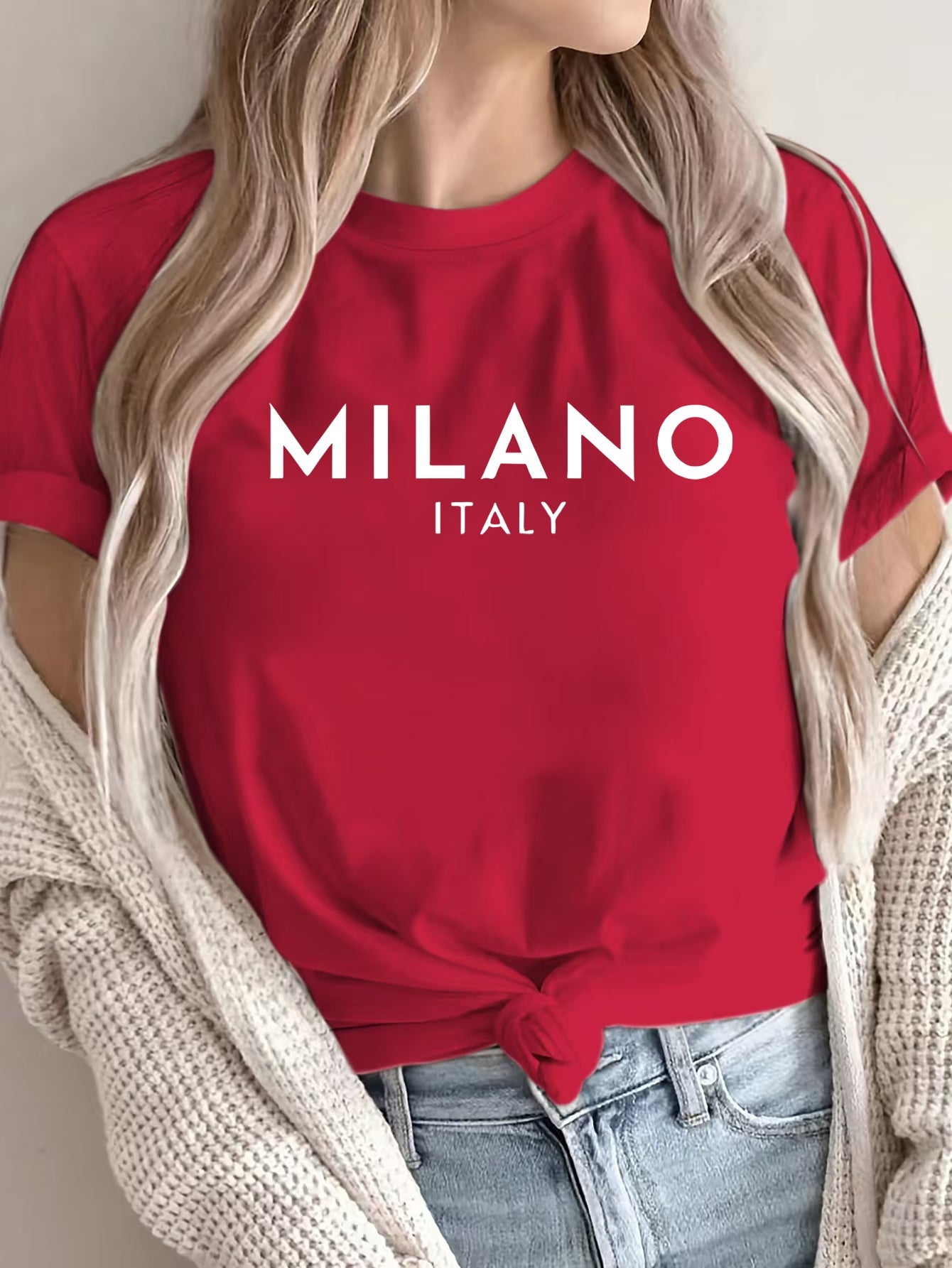 MILANO ™️ Women's Casual Polyester T-Shirt with "Milano Italy" Letter Print, Short Sleeve Crew Neck Top, All-Season Knit Fabric Tee, Regular Length - 180gsm